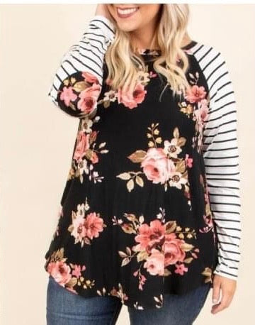 Floral Striped Sleeve Raglan with Floral Elbow patch